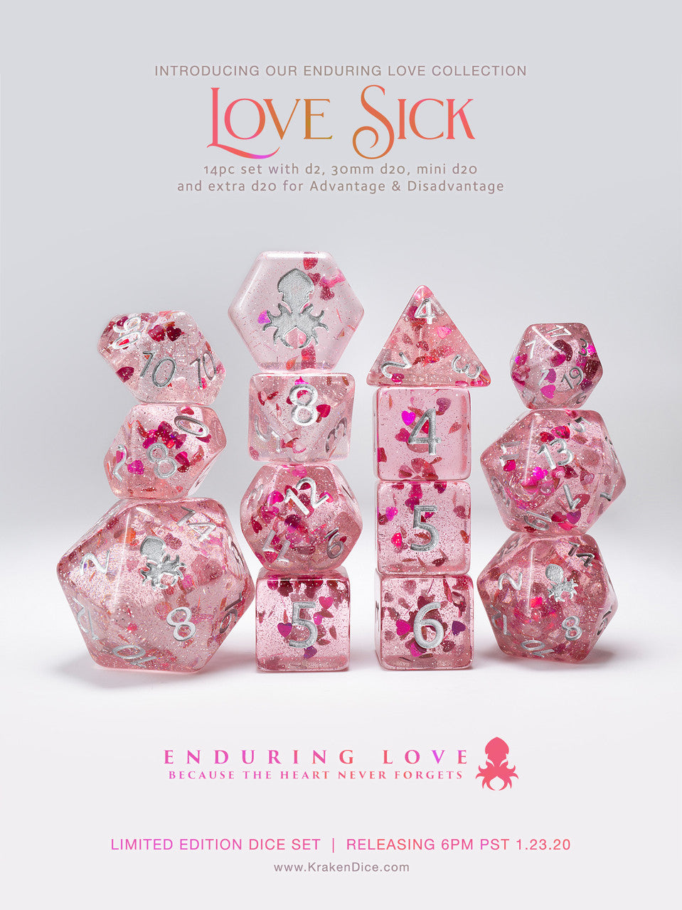 Love Sick - Pink with Red Hearts 14pc Limited Edition Dice Set
